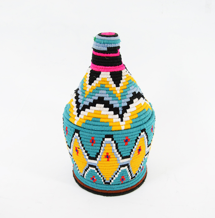 モロッコ蓋つきバスケット　LightBlue×Yellow